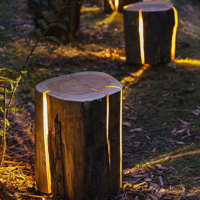 Modern Art Deco Solar Waterproof Resin Fiberglass Cylinder Tree Stump Wood Grain LED Landscape Lighting Outdoor Light For Garden