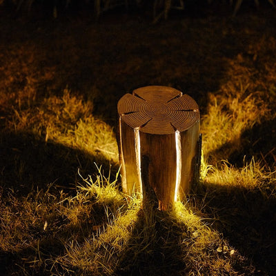 Modern Art Deco Solar Waterproof Resin Fiberglass Cylinder Tree Stump Wood Grain LED Landscape Lighting Outdoor Light For Garden