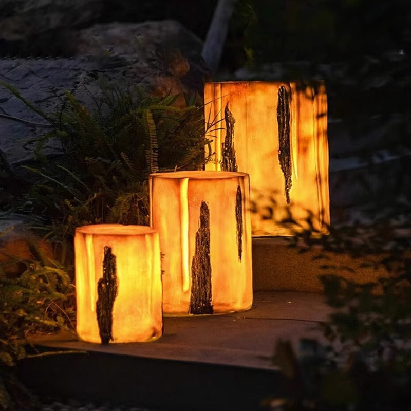 Modern Art Deco Solar Waterproof Resin Fiberglass Cylinder Tree Stump Wood Grain LED Landscape Lighting Outdoor Light For Garden