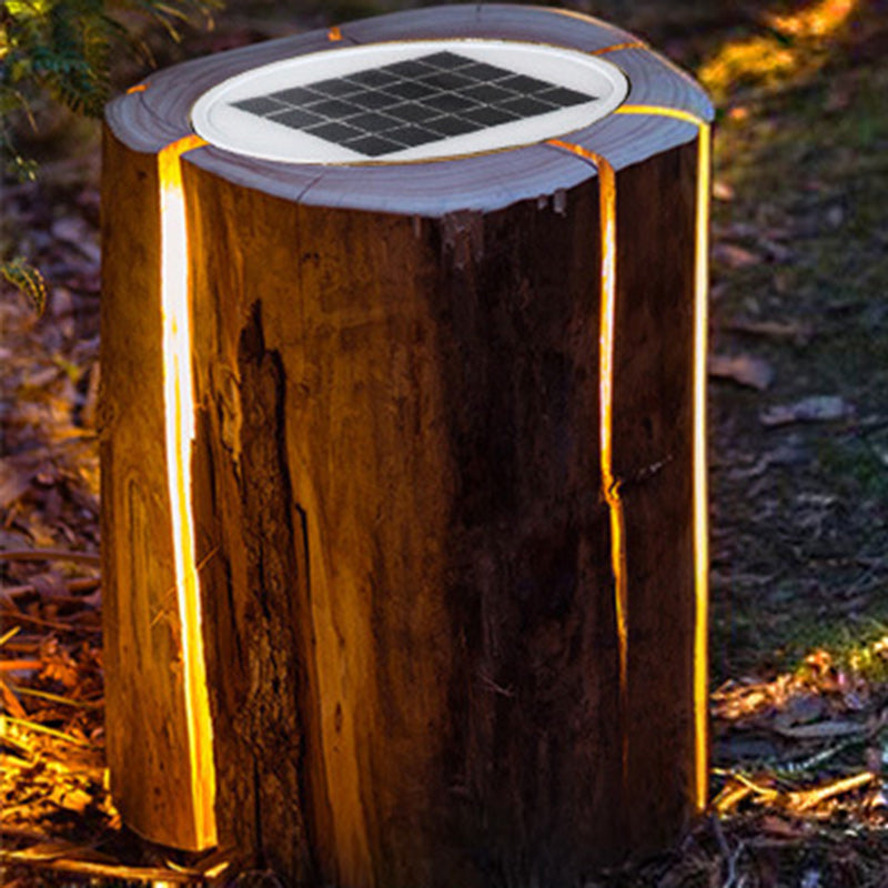 Modern Art Deco Solar Waterproof Resin Fiberglass Cylinder Tree Stump Wood Grain LED Landscape Lighting Outdoor Light For Garden