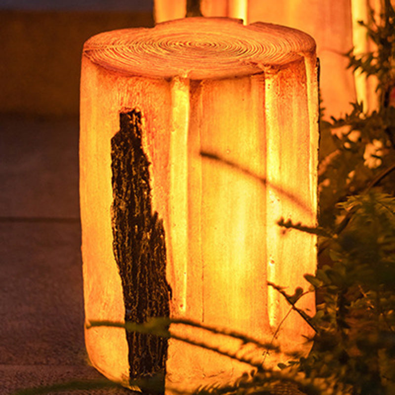 Modern Art Deco Solar Waterproof Resin Fiberglass Cylinder Tree Stump Wood Grain LED Landscape Lighting Outdoor Light For Garden