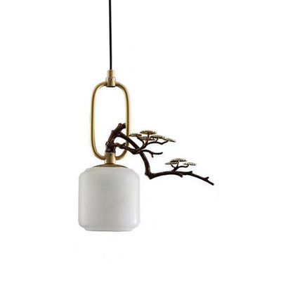 Traditional Chinese Copper Marble Aluminum Cylinder Elliptical Pine Tree 1-Light Pendant Light For Bedside