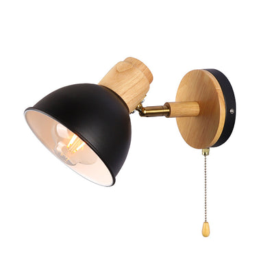 Contemporary Nordic Iron Wood Round Bowl Zipper 1-Light Wall Sconce Lamp For Bedside