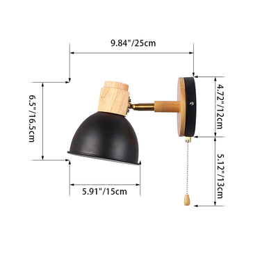 Contemporary Nordic Iron Wood Round Bowl Zipper 1-Light Wall Sconce Lamp For Bedside