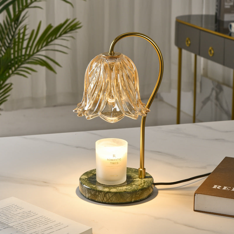 Traditional French Floral Dimmable Marble Iron Glass 1-Light Melting Wax Table Lamp For Bedroom