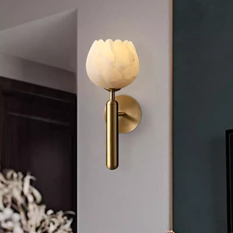 Traditional Chinese Copper Marble Flower Bud 1-Light Wall Sconce Lamp For Hallway