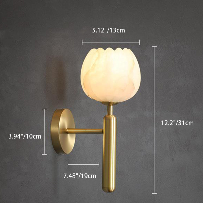 Traditional Chinese Copper Marble Flower Bud 1-Light Wall Sconce Lamp For Hallway