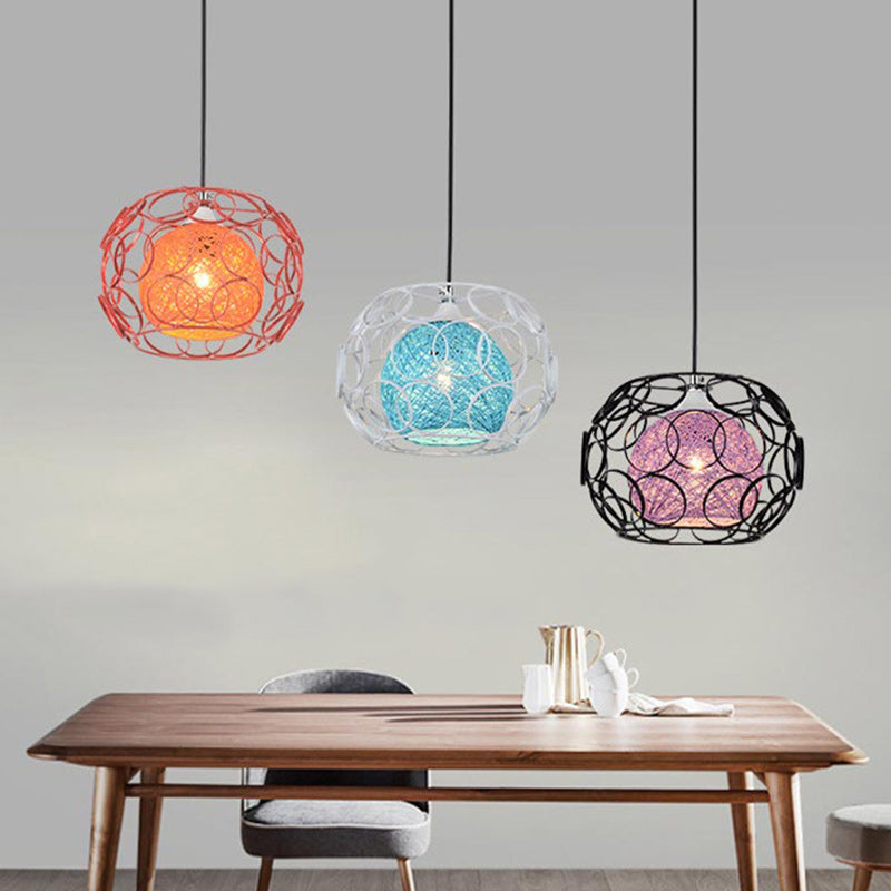 Contemporary Scandinavian Weaving Rattan Iron Circles Ball 1/3 Light Pendant Light For Dining Room