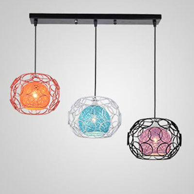 Contemporary Scandinavian Weaving Rattan Iron Circles Ball 1/3 Light Pendant Light For Dining Room