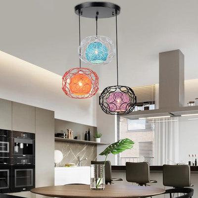 Contemporary Scandinavian Weaving Rattan Iron Circles Ball 1/3 Light Pendant Light For Dining Room