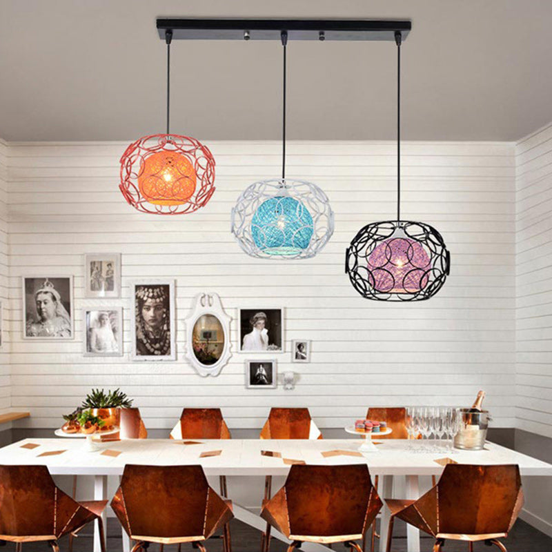 Contemporary Scandinavian Weaving Rattan Iron Circles Ball 1/3 Light Pendant Light For Dining Room