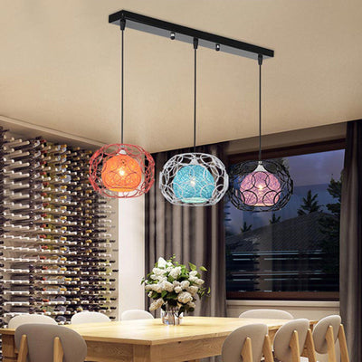 Contemporary Scandinavian Weaving Rattan Iron Circles Ball 1/3 Light Pendant Light For Dining Room