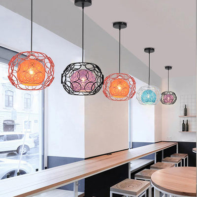 Contemporary Scandinavian Weaving Rattan Iron Circles Ball 1/3 Light Pendant Light For Dining Room