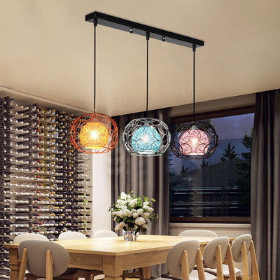 Contemporary Scandinavian Weaving Rattan Iron Circles Ball 1/3 Light Pendant Light For Dining Room