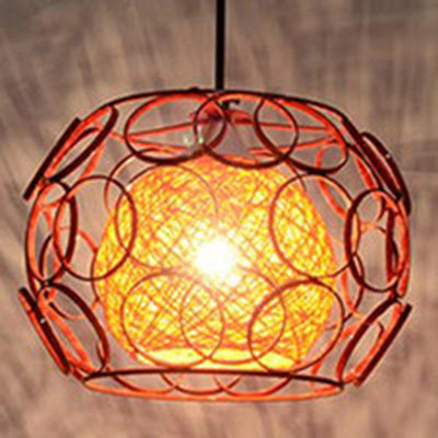 Contemporary Scandinavian Weaving Rattan Iron Circles Ball 1/3 Light Pendant Light For Dining Room