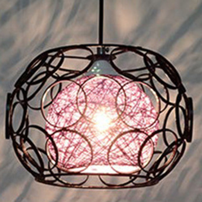 Contemporary Scandinavian Weaving Rattan Iron Circles Ball 1/3 Light Pendant Light For Dining Room