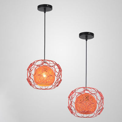 Contemporary Scandinavian Weaving Rattan Iron Circles Ball 1/3 Light Pendant Light For Dining Room