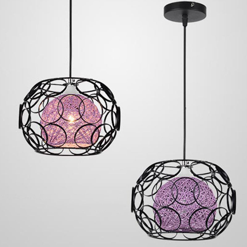 Contemporary Scandinavian Weaving Rattan Iron Circles Ball 1/3 Light Pendant Light For Dining Room