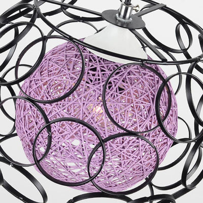 Contemporary Scandinavian Weaving Rattan Iron Circles Ball 1/3 Light Pendant Light For Dining Room