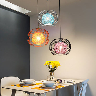 Contemporary Scandinavian Weaving Rattan Iron Circles Ball 1/3 Light Pendant Light For Dining Room