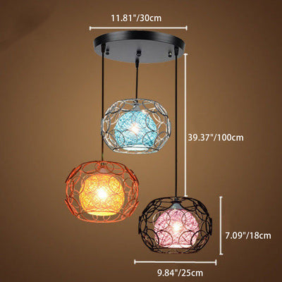 Contemporary Scandinavian Weaving Rattan Iron Circles Ball 1/3 Light Pendant Light For Dining Room