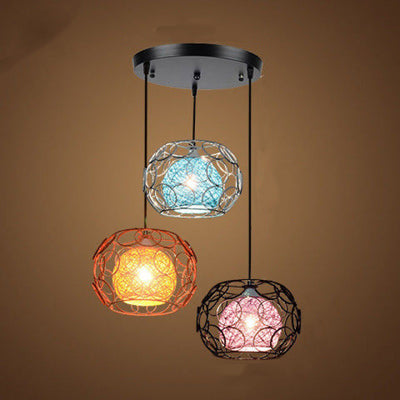 Contemporary Scandinavian Weaving Rattan Iron Circles Ball 1/3 Light Pendant Light For Dining Room