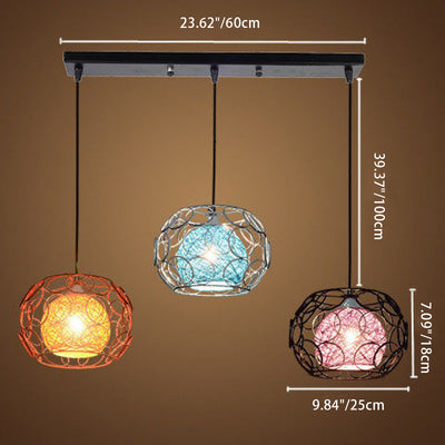 Contemporary Scandinavian Weaving Rattan Iron Circles Ball 1/3 Light Pendant Light For Dining Room