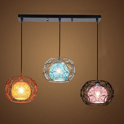 Contemporary Scandinavian Weaving Rattan Iron Circles Ball 1/3 Light Pendant Light For Dining Room