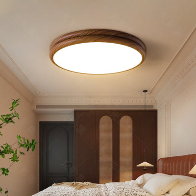 Contemporary Retro Iron Acrylic Round Wood Grain LED Flush Mount Ceiling Light For Bedroom