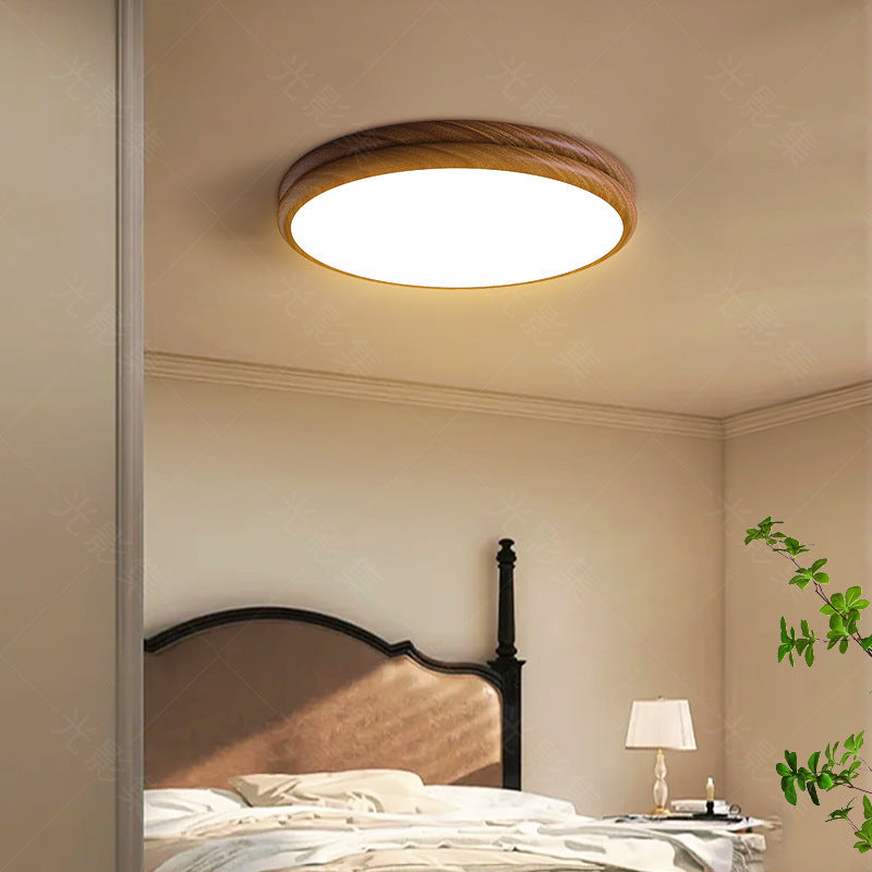 Contemporary Retro Iron Acrylic Round Wood Grain LED Flush Mount Ceiling Light For Bedroom