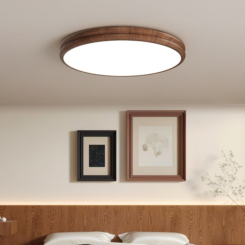 Contemporary Retro Iron Acrylic Round Wood Grain LED Flush Mount Ceiling Light For Bedroom