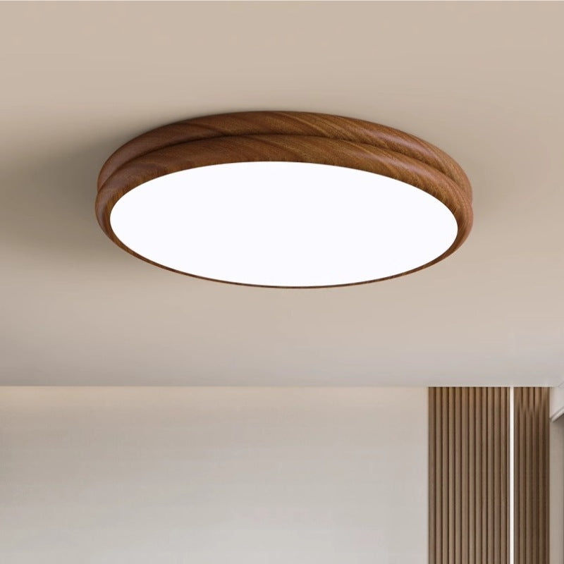 Contemporary Retro Iron Acrylic Round Wood Grain LED Flush Mount Ceiling Light For Bedroom