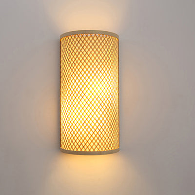 Traditional Japanese Weaving Bamboo Semicircle Cylinder 2-Light Wall Sconce Lamp For Hallway