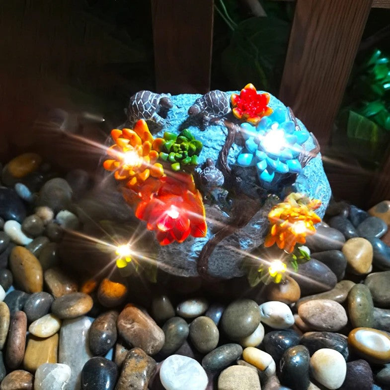 Modern Art Deco Solar Waterproof Resin Imitation Stone Flower Turtle LED Landscape Lighting Outdoor Light For Garden