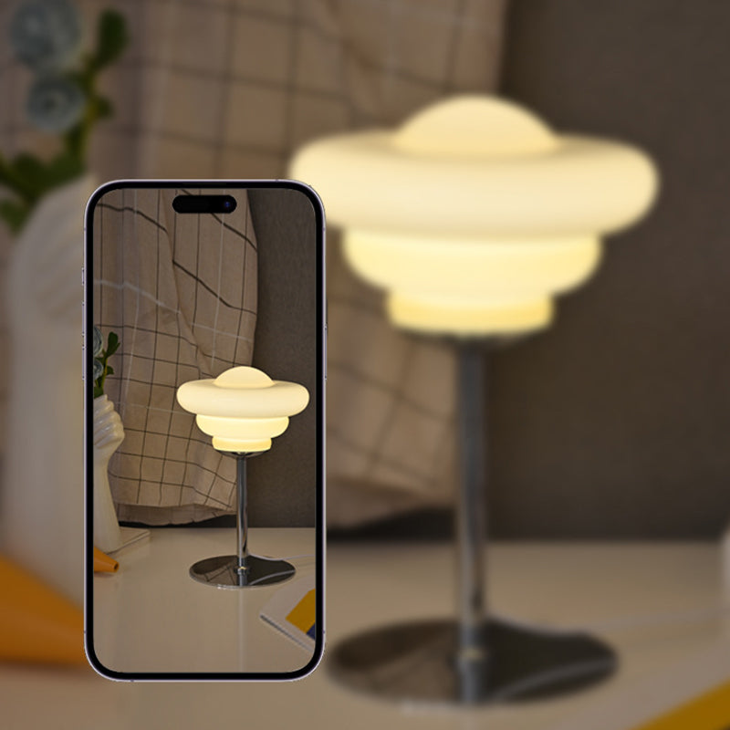 Contemporary Scandinavian Metal Glass Round Custard Tart LED USB Table Lamp For Bedside