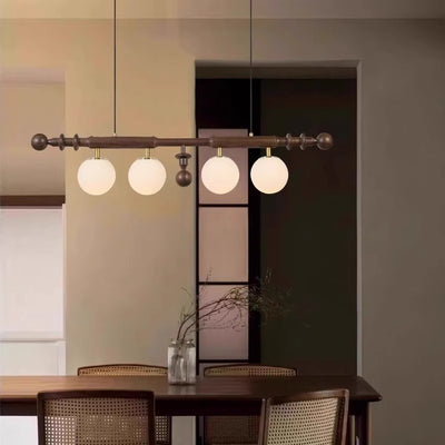 Contemporary Retro Ash Wood Metal Glass Ball Column 4-Light Chandeliers Island Light For Dining Room