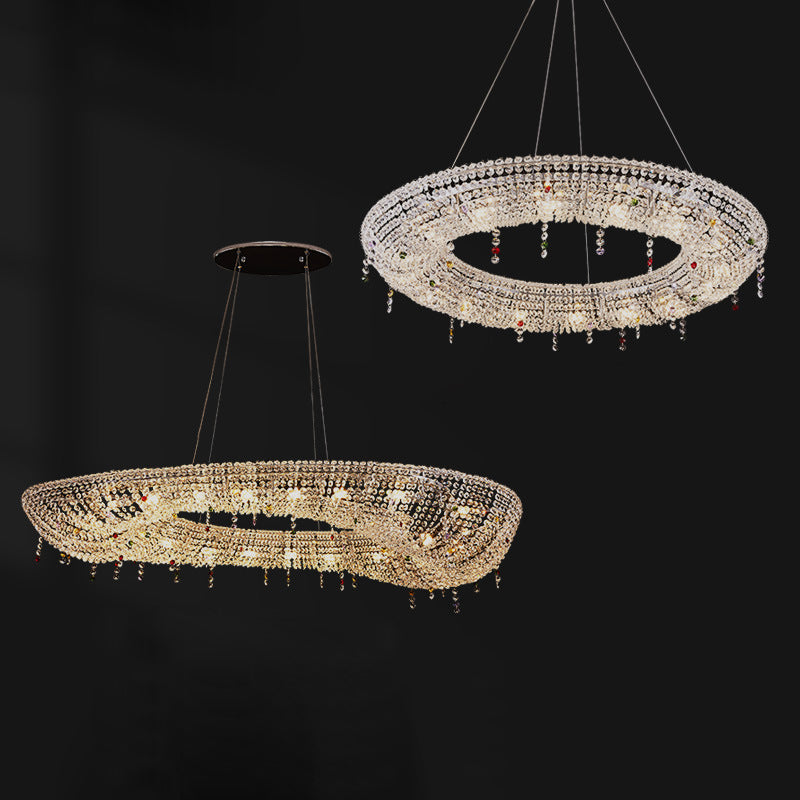 Modern Luxury Stainless Steel Crystal Round Elliptical Beads 12/15/16/20 Light Chandeliers For Living Room