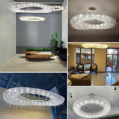 Modern Luxury Stainless Steel Crystal Round Elliptical Beads 12/15/16/20 Light Chandeliers For Living Room