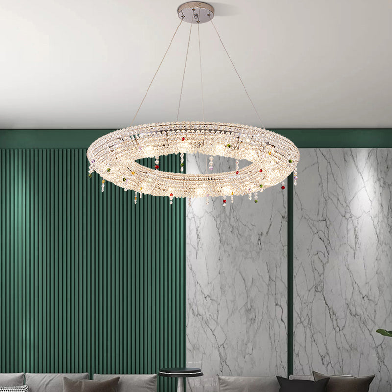 Modern Luxury Stainless Steel Crystal Round Elliptical Beads 12/15/16/20 Light Chandeliers For Living Room