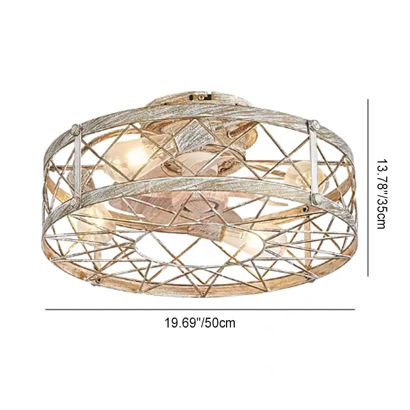 Contemporary Industrial Round Caged Metal 4-Light Semi-Flush Mount Ceiling Fan Light Living Room