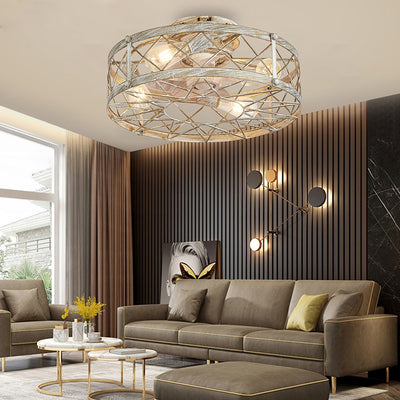 Contemporary Industrial Round Caged Metal 4-Light Semi-Flush Mount Ceiling Fan Light Living Room