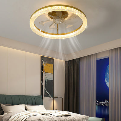 Modern Luxury Iron Crystal Stainless Steel ABS Round LED Semi-Flush Mount Ceiling Fan Light Living Room