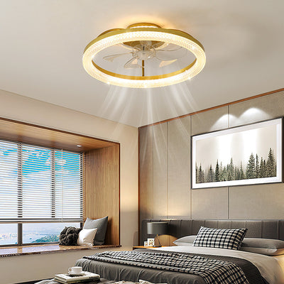 Modern Luxury Iron Crystal Stainless Steel ABS Round LED Semi-Flush Mount Ceiling Fan Light Living Room