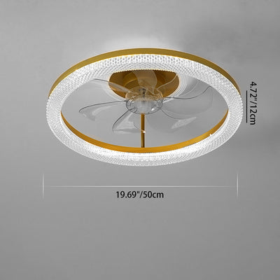 Modern Luxury Iron Crystal Stainless Steel ABS Round LED Semi-Flush Mount Ceiling Fan Light Living Room