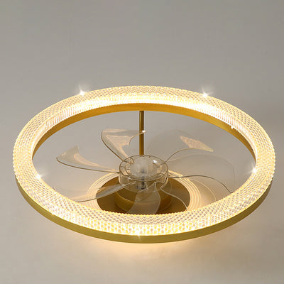 Modern Luxury Iron Crystal Stainless Steel ABS Round LED Semi-Flush Mount Ceiling Fan Light Living Room