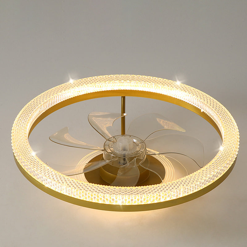 Modern Luxury Iron Crystal Stainless Steel ABS Round LED Semi-Flush Mount Ceiling Fan Light Living Room