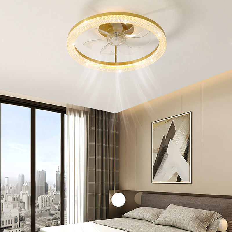 Modern Luxury Iron Crystal Stainless Steel ABS Round LED Semi-Flush Mount Ceiling Fan Light Living Room