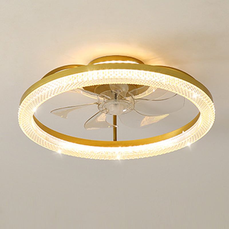 Modern Luxury Iron Crystal Stainless Steel ABS Round LED Semi-Flush Mount Ceiling Fan Light Living Room