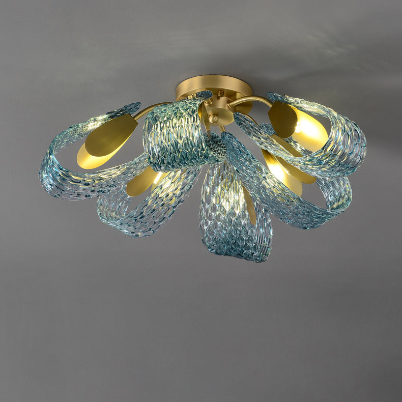 Modern Luxury Copper Glass Flake Peacock 3/6/9 Light Semi-Flush Mount Ceiling Light For Living Room