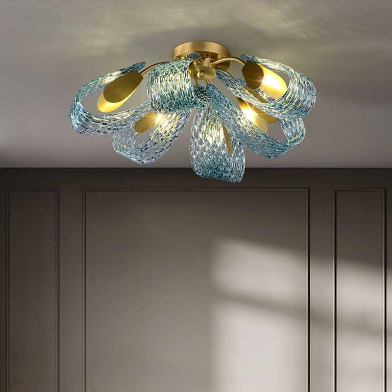 Modern Luxury Copper Glass Flake Peacock 3/6/9 Light Semi-Flush Mount Ceiling Light For Living Room